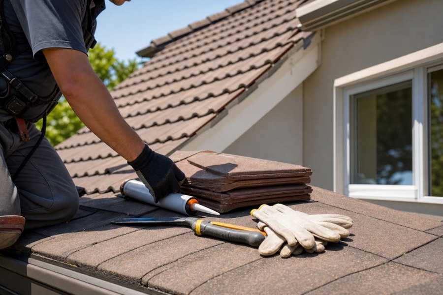 Roof repair materials prepared on a residential roof